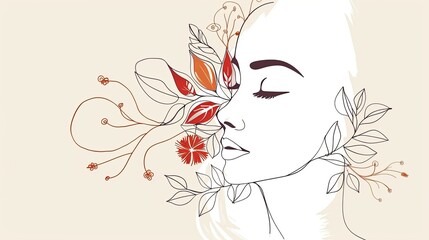 Women face in one line art style with flowers and leaves.Continuous line art in elegant style for prints, tattoos, posters, textile, cards etc. Beautiful woman face Vector illustration