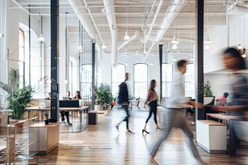 A bright and dynamic business workplace with people walking in blurred motion, capturing the energy and movement in a modern office environment