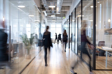 A bright and dynamic business workplace with people walking in blurred motion, capturing the energy and movement in a modern office environment