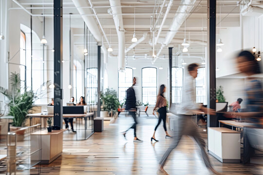 A bright and dynamic business workplace with people walking in blurred motion, capturing the energy and movement in a modern office environment