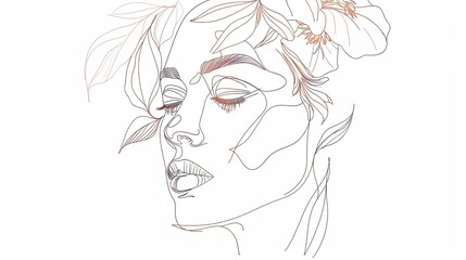 Women face in one line art style with flowers and leaves.Continuous line art in elegant style for prints, tattoos, posters, textile, cards etc. Beautiful woman face Vector illustration