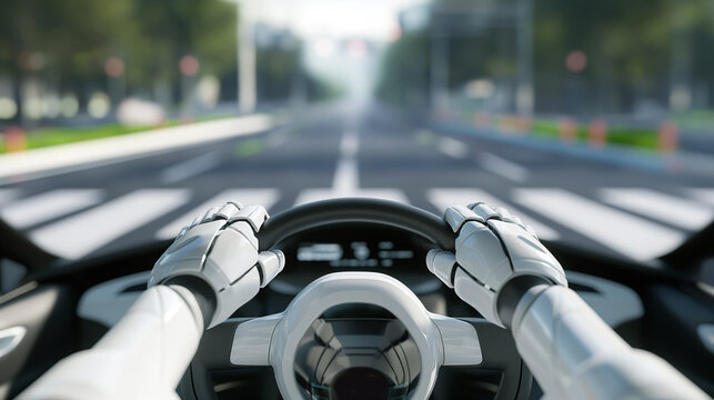 View from driver, robot driving car on a busy road. Concept of a vehicle that can be driven autonomously by artificial intelligence autopilot technology. Deep of field