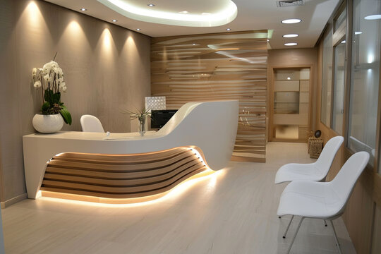 A modern dental office reception featuring stylish furniture and contemporary interior decor, creating a welcoming and professional environment for patients