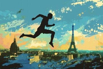 A man is running in the air with a city in the background. The city is Paris and the man is running towards the Eiffel Tower