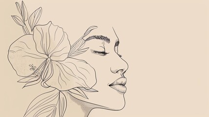 Women face in one line art style with flowers and leaves.Continuous line art in elegant style for prints, tattoos, posters, textile, cards etc. Beautiful woman face Vector illustration