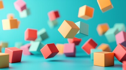 Obraz premium Colorful cubes floating in mid-air against a blue background.