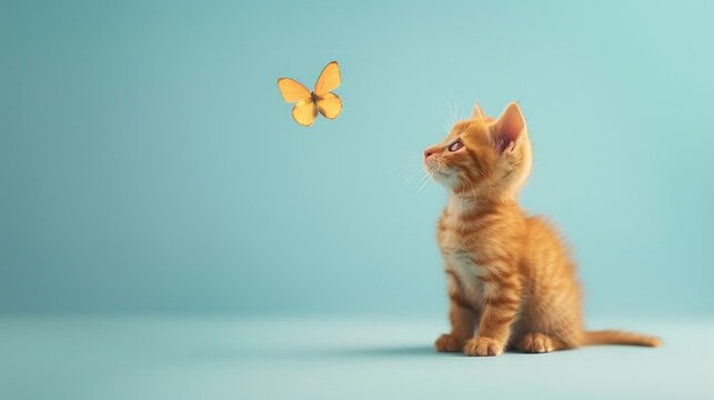 A curious orange kitten watches a yellow butterfly flutter on a blue background.