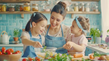 Naklejka premium Happy mother and children in the kitchen. healthy food family cooking concept.