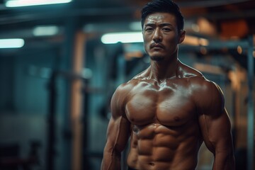 A muscular man posing confidently in a gym under intense lighting.