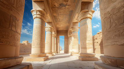 Ancient Egypt, Egyptian temple, historical illustration, ancient architecture, pharaoh, hieroglyphics, ancient civilization, temple interior, Egyptian art, archaeology, ancient ruins, historical site