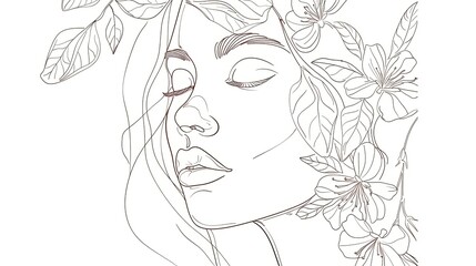 Women face in one line art style with flowers and leaves.Continuous line art in elegant style for prints, tattoos, posters, textile, cards etc. Beautiful woman face Vector illustration
