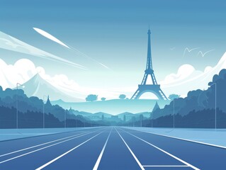 A blue sky with a mountain in the background and a tall tower in the foreground