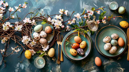 A beautifully set Easter table, adorned with colorful decorations, spring flowers, and festive touches, perfect for a holiday celebration
