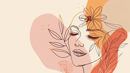 Women face in one line art style with flowers and leaves.Continuous line art in elegant style for prints, tattoos, posters, textile, cards etc. Beautiful woman face Vector illustration