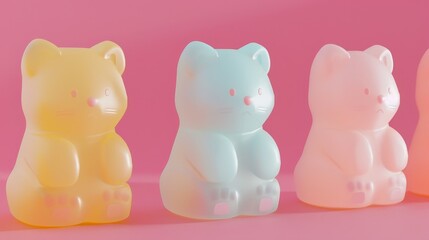 Four pastel gummy bear figurines in a row against a pink background.