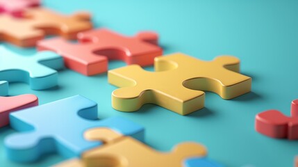 Obraz premium Colorful puzzle pieces on a blue background, representing teamwork, problem-solving, and connection.