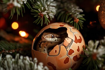 A newborn little snake peeks out from an egg under the Christmas tree, New year 2025