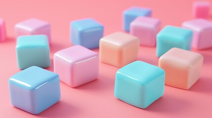 Obraz premium Pastel colored cubes scattered on a pink background.
