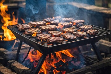 Grill with Smoke and Flames: A dynamic shot of a BBQ grill with visible smoke and a few flames emerging from the charcoal or wood.