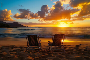 Two beach chairs sit side by side, overlooking the ocean at sunset, creating a peaceful and romantic vacation setting