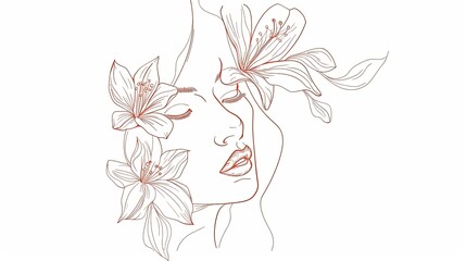 Women face in one line art style with flowers and leaves.Continuous line art in elegant style for prints, tattoos, posters, textile, cards etc. Beautiful woman face Vector illustration