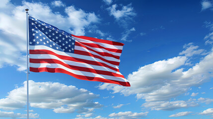 American flag waving against a blue sky