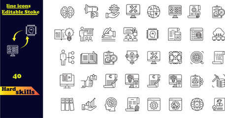 Hard skills web icons in line style. Accounting, coaching, data mining, cloud computing, copywriting