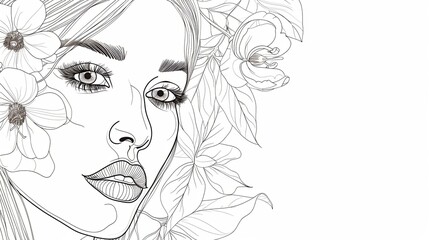 Fototapeta premium Women face in one line art style with flowers and leaves.Continuous line art in elegant style for prints, tattoos, posters, textile, cards etc. Beautiful woman face Vector illustration 