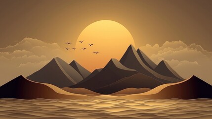 Golden Sunset Over Mountain Range with Birds in Flight