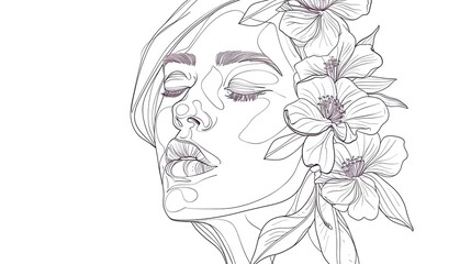 Women face in one line art style with flowers and leaves.Continuous line art in elegant style for prints, tattoos, posters, textile, cards etc. Beautiful woman face Vector illustration 