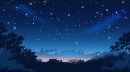 A tranquil night sky covers the landscape, with countless stars gleaming above silhouetted trees and mountains at twilight