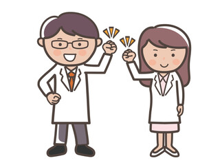 ガッツポーズでやる気満々の男女医師（看護師）の全身イラスト