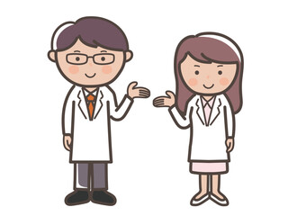 説明や案内をする男女医師（看護師）の全身イラスト