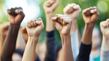 Diverse people raising fists in the air