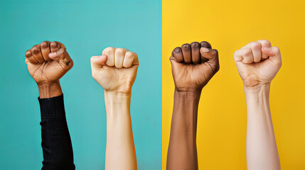 Diverse people raising fists in the air