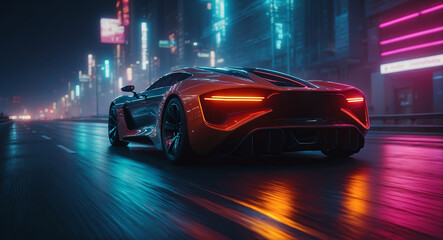 Obraz premium A supercar speeds by with neon lights, a sports car on a long exposure. 