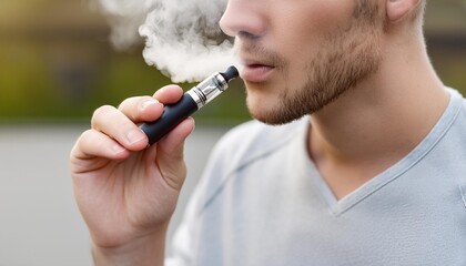 A young man smoking using an electronic cigarette. Outdoor.
