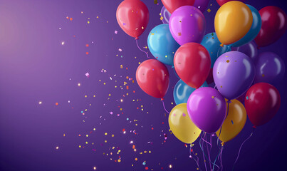 Glossy Colorful Balloons Floating on a Festive Purple Background with Confetti and Sparkles