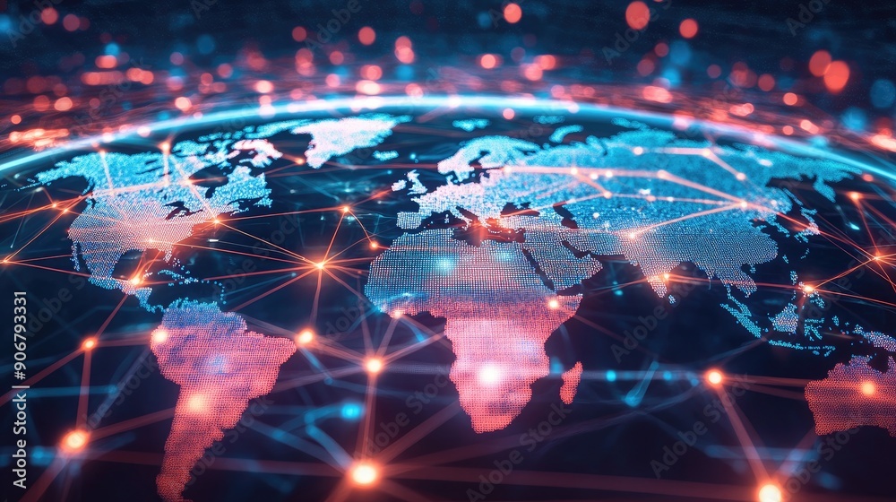 Poster global networking concept with a world map, highlighting connections through computers and digital d