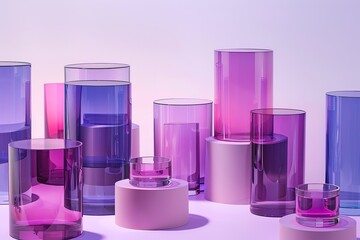 Round transparent poduim, crystal stage for beauty cosmetics advertisement. Cylinder glass stands for product display.