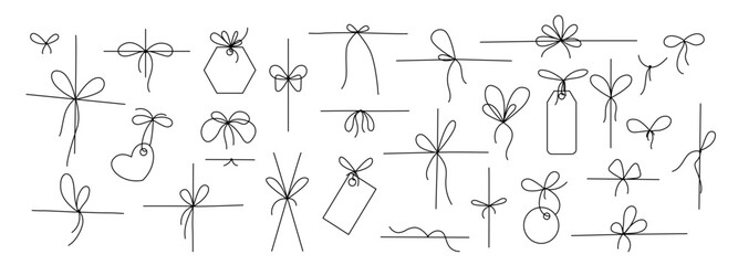 Line gift bow. Thin twine for gift parcel wrap, black line rope cord with simple knot and bow ribbons, price tags for birthday or Christmas present package decoration. Vector doodle nodes set.