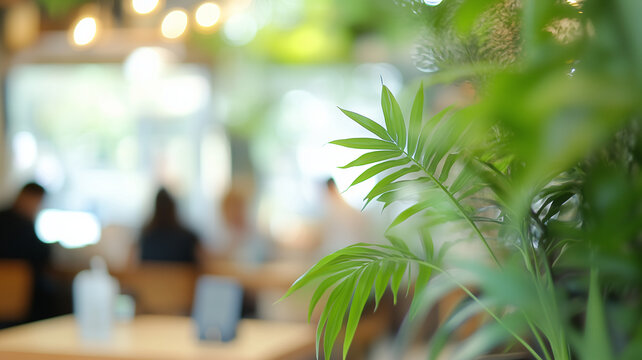 Abstract out-of-focus cafe interior with an abundance of green plants and ambient lighting