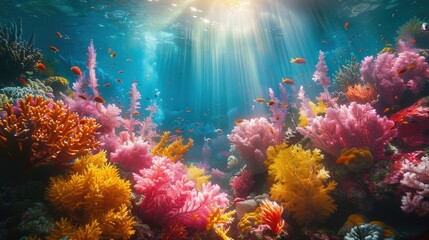 Vibrant Underwater Coral Reef Scene with Sunlight Beams