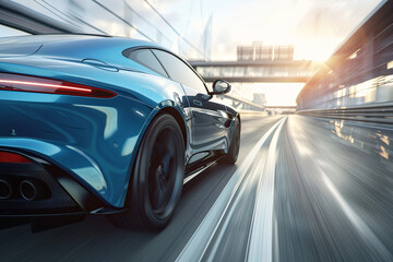 Blue car speeding on highway with motion blur
