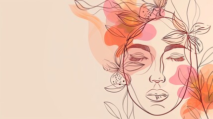 Women face in one line art style with flowers and leaves.Continuous line art in elegant style for prints, tattoos, posters, textile, cards etc. Beautiful woman face Vector illustration 