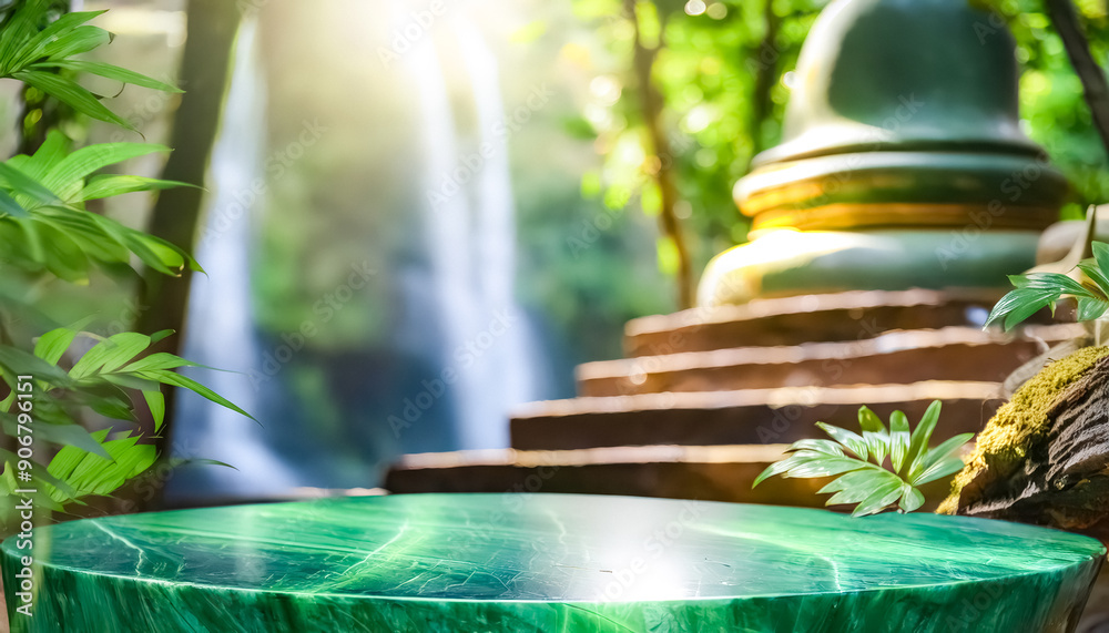 Wall mural Green Marble Table in Front of Lush Waterfall