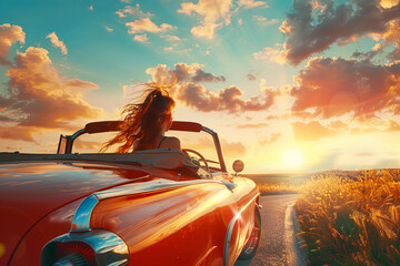 Happy girl rides into the sunset in vintage car. Girl relaxing and enjoying road trip.
