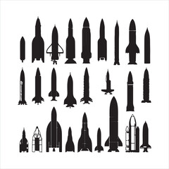 Rocket space silhouettes set large pack of vector silhouette white background
