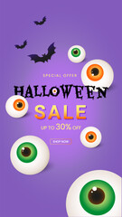 Halloween sale banner with Holiday cutest elements on purple background. Design template for advertising, web, social media. Vector illustration in cut paper style