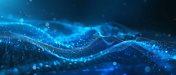 Abstract digital composition with blue gradients, particle effects, and interconnected line structures.